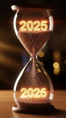 Hourglass Counts Down to 2026 with Glittering Particles Representing Time Flow