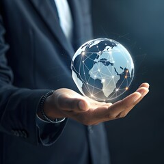Businessman presenting a glowing holographic digital earth globe network symbolizing global connectivity and worldwide technological communication expansion.