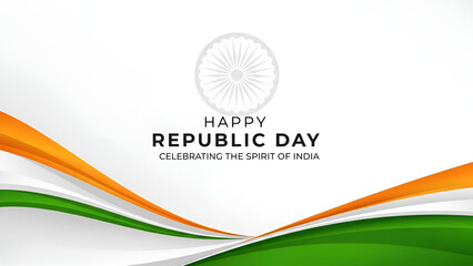 Minimalist graphic design celebrating happy republic day with abstract indian flag colors and ashoka chakra emblem