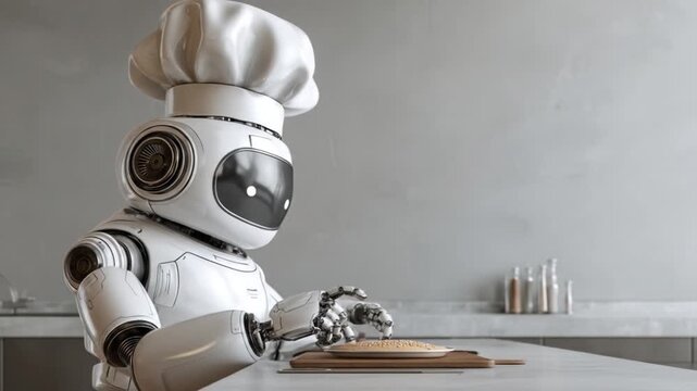 Robot chef preparing food in a modern kitchen setting for culinary tasks