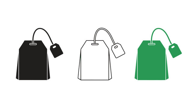 Three colored tea bag icons in a simple flat design silhouette