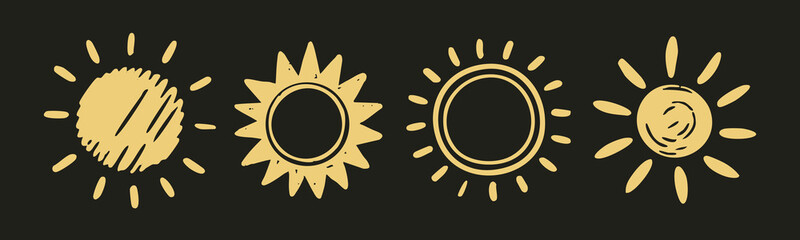 Various unique yellow Suns. Abstract, doodle, childish style, different rays. Weather app, summer mood, travel, climate, sunlight concept. Hand drawn Vector illustration. Isolated design elements 