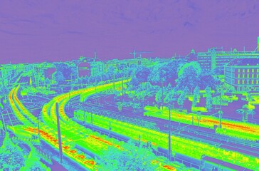 Infrared thermal urban train tracks infrastructure with heat map overlay