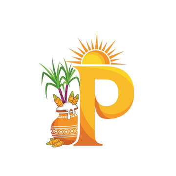 Vibrant orange letter P with sun, sugarcane, and pot