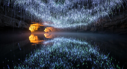 Luminous strands hang in dark cave, reflected in still water below, creating magical, ethereal atmosphere, symbolizing wonder and mystery
