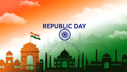 Republic Day graphic celebrating Indian national heritage featuring the national flag and iconic landmarks against a tricolor backdrop
