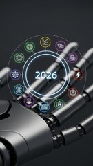 Futuristic 2026 Technology Roadmap with Robotic Hand and Circular Icons