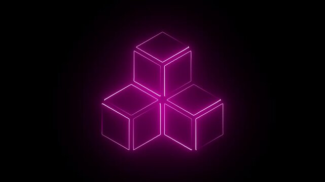pink Neon Outline Cubes Stacked Icon on Black Background blocks