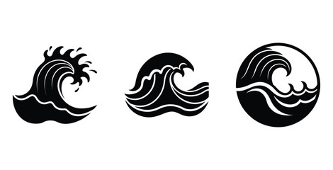 Set of Ocean Wave Silhouettes. Tropical Summer Beach Wave Icons. Nature and Ocean Themed Design Icons.