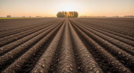 Obraz premium Brown soil field, parallel furrows, sunrise behind trees, creating peaceful agricultural landscape, symbolizing growth, harvest, and nature's cycle