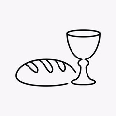 Christian Holy Communion symbol with bread and wine chalice line art icon