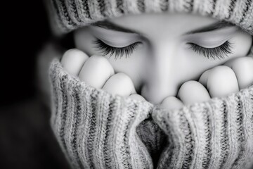 Woman wearing warm beanie and woolen sweater, pulling up collar for comfort and coziness, finding peace in winter