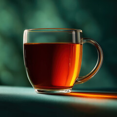clear glass cup filled with rich amber tea glows warmly in soft natural light, evoking a serene, calming atmosphere perfect for a quiet moment of reflection