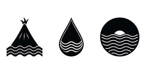 Vector illustration of a black and white beach water silhouette icons. Set of ocean wave silhouettes.