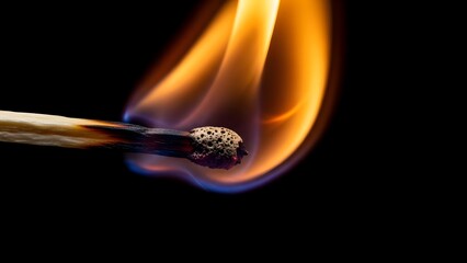 Close-up of a matchstick igniting with a vibrant orange and blue flame against an isolated dark background, symbolizing ignition, potential, and new beginnings