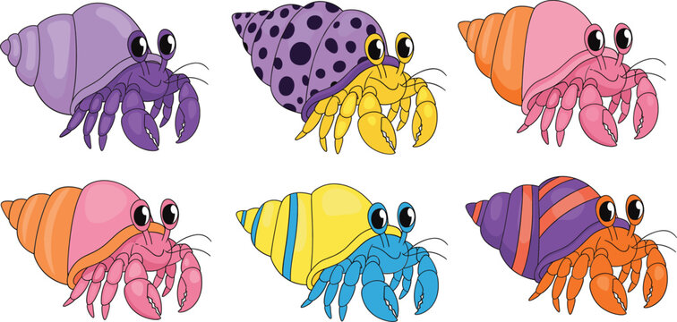Cute Cartoon Hermit Crab Characters with Colorful Shells and Funny Expressions Isolated Vector Illustration Set