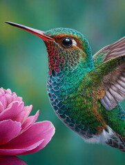 Fototapeta premium Iridescent Hummingbird Hovering Near Pink Flower