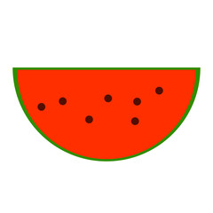 Slice of juicy red watermelon with black seeds and green rind, isolated on a white background, vector illustration.