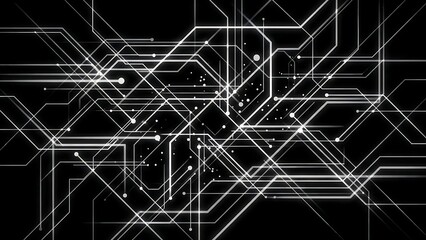 Abstract digital network of glowing white lines and nodes on a black background, representing technology and data flow.