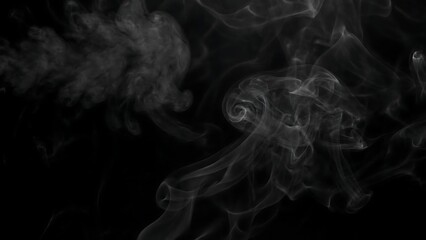 Wisps of white smoke gracefully swirling and dissipating against a stark black background, creating an ethereal and mysterious atmosphere.