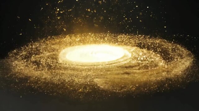 Golden glitter galaxy spiral. Luxury gold dust particles rotating in a disk shape on black background.