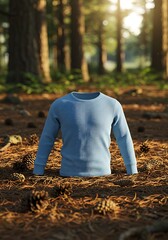 Realistic 3D Render of Blue Thermal Long Sleeve Shirt on Forest Floor with Pine Cones mockup