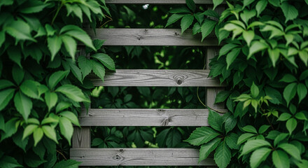 Grey wooden trellis partially obscured by vibrant green leaves, showcasing a natural, organic texture suitable for nature or garden themes