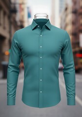 Professional Teal Slim Fit Men s Dress Shirt on Mannequin with City Background mockup