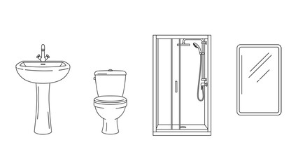 A basic line art illustration of essential bathroom fixtures, featuring a pedestal sink, a toilet, a functional shower cabin, and a simple wall-mounted mirror for daily use.
