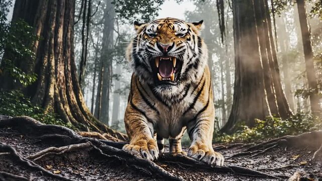 Majestic Bengal Tiger Roaring Fiercely in a Dense, Misty Forest with Towering Trees