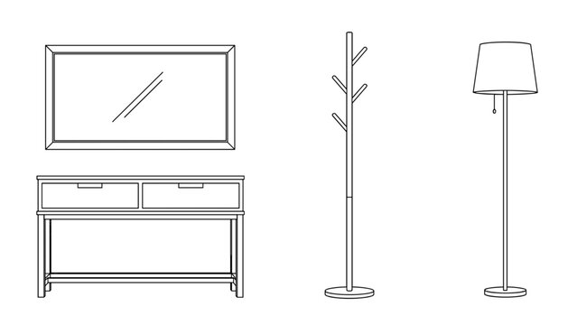 A clean line art composition of entryway or living room furniture, presenting a wide wall mirror, a sleek console table, a practical coat stand, and a contemporary floor lamp.
