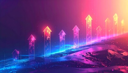 Vibrant Abstract Digital Growth Chart with Neon Upward Arrows on a Futuristic Textured Landscape