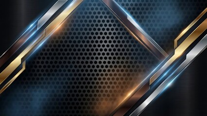 Dark futuristic background with metallic hexagonal grid, gold and silver accents, and blue light streaks.