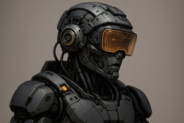 Robotic pilot wearing a futuristic helmet with an orange visor and intricate armored suit embodying advanced technology and science fiction
