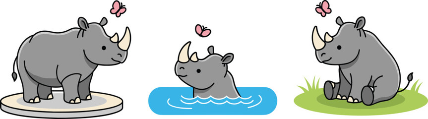 Cute Cartoon Rhinoceros Character Set with Standing Swimming and Sitting Poses Vector Illustration © Sumon Creative