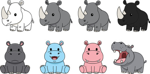 Cute Cartoon Safari Animals Set with Baby Rhinoceros and Hippopotamus Characters Vector Illustration Collection © Sumon Creative