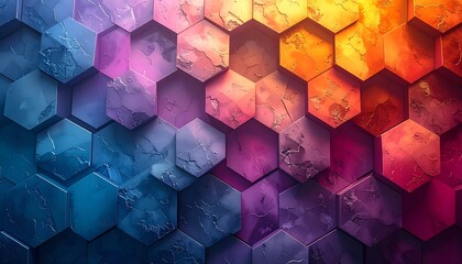 Dynamic Textured Hexagon Wall with Vibrant Color Gradient from Blue to Purple, Pink, , and Red