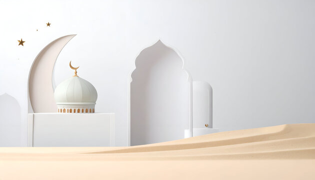 Elegant Mosque Dome and Crescent Moon Architectural Scene in Desert Setting
