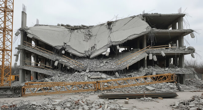 A collapsed multi-story concrete building with visible structural damage and debris. A construction crane is partially visible
