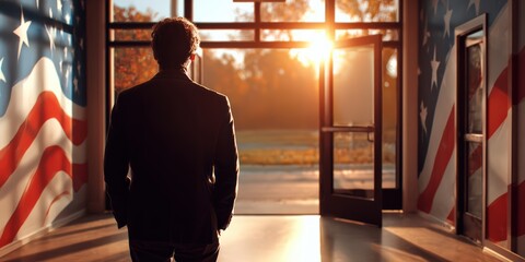 Man Standing in Patriotic Hallway with American Flags at Sunrise