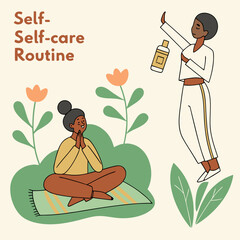 A serene self care scene with skincare relaxation and meditation elements