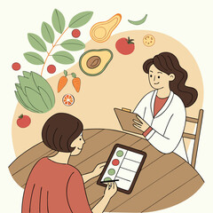 Detailed vector illustration of a nutritionist consultation and meal planning session