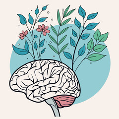 Brain growth with flourishing plants symbolizing mental wellness and positivity