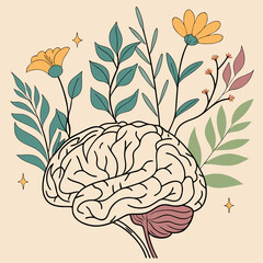 Brain health and mental wellbeing illustrated with plant life and growth