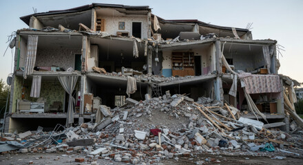 A destroyed multi-story building displays structural damage, exposed interiors, and rubble, likely a result of conflict or disaster