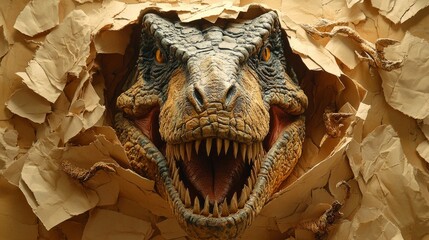 The terrifying mouth of a dinosaur breaking through the cracked surface will create a tense atmosphere for themed exhibitions or entertainment centre designs.