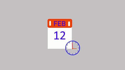 february 12 Date Calendar Icon Animation with clock february month 12 date calendar icon clock animation. Digital calendar month concept design. stunning 4k animation.