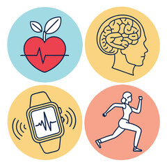 Collection of healthcare icons including a heart brain apple and yoga symbol