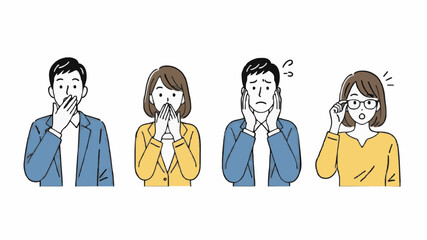 Obraz premium Illustration of four people expressing various emotions in a simple cartoon style against a clean white background.