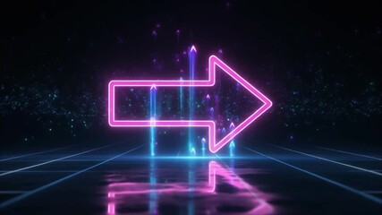 Pink neon arrow pointing right, with upward glowing blue beams and particles on a grid floor and dark background